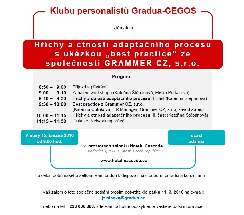 Program Klubu personalistů Gradua-CEGOS pro březnové setkání v Mostě
